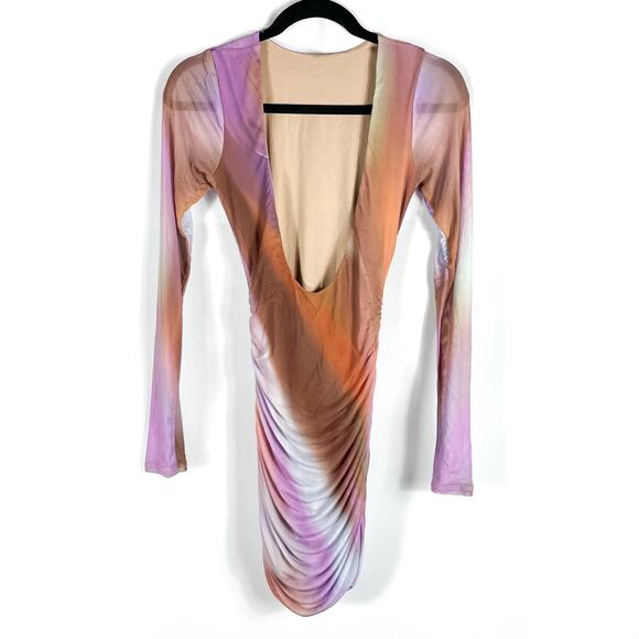 AFRM Maya Mesh Mini Dress Purple Motif Ruched Backless Long Sleeve Bodycon Sz XS - Picture 12 of 16